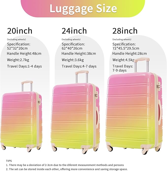 Hardshell Luggage Sets 3 Piece Gradient Color Expandable Suitcase with Spinner Wheels and TSA Lock