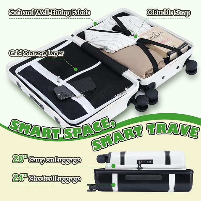 20-inch Carry-On Luggage, Airline Approved, with Spinner Wheels, 100% PC Hardshell Carry-On Luggage with TSA Lock, 22x14x9 20 inches, Smooth Rolling Wheels for Lightweight Travel - White