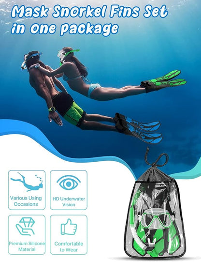 Zenoplige Mask Fins Snorkel Set, Snorkeling Gear for Adults, Panoramic View Snorkel Mask Anti-Fog, Adjustable Dive Flippers, Dry Top Snorkel and Travel Bag, Scuba Gear for Swimming Snorkeling Diving