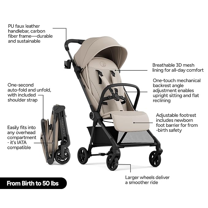 Mompush Nexis Carbon Travel Stroller, Ultra-Lightweight 11.5 lbs, Compact & Airplane Carry-On Approved, One-Second Auto-Fold, One-Hand Full Recline, from Birth to 50 lbs, JPMA Certified