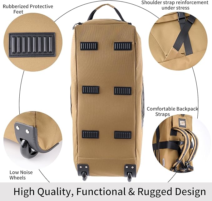 80L Waterproof Rolling Duffel Bag with Wheels,Rolling Garment Bag,Military Tactical Wheeled Foldable Backpack For Deployment Traveling Camping Sporting (Khaki)