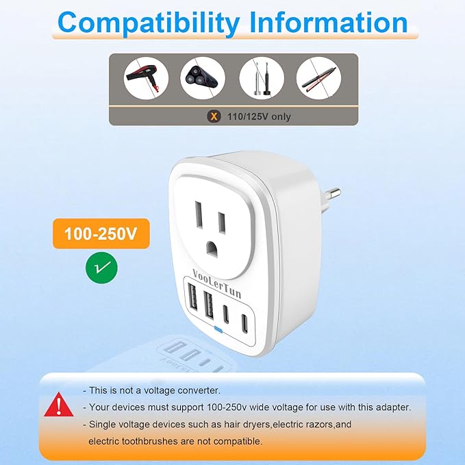 2 Pack Type C Plug Adapter, VooLerTun Germany Travel Plug Adapter with 4 USB Charger Ports, 1 American Outlet Adapter. US Converter for European France Denmark Norway Brazil Travel Essential