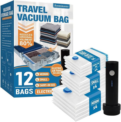 12 Pack Travel Vacuum Storage Bags with Rechargeable Wireless Electric Pump, Travel Packing Bags for Luggage and Suitcase, Carry-on Size Compression Space Saver for Clothes and Clothing