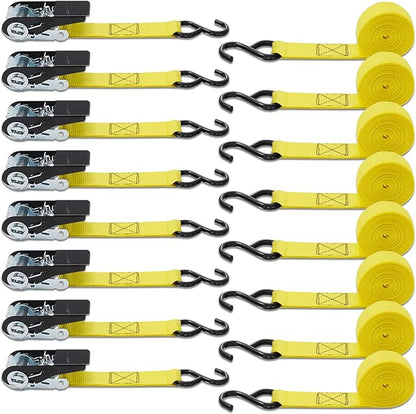 XSTRAP STANDARD Ratchet Tie Down Straps - 8PK - 1'' x 10 ft - 900 LB Break Strength Cargo Straps for Moving Appliances, Lawn Equipment, Motorcycle Yellow