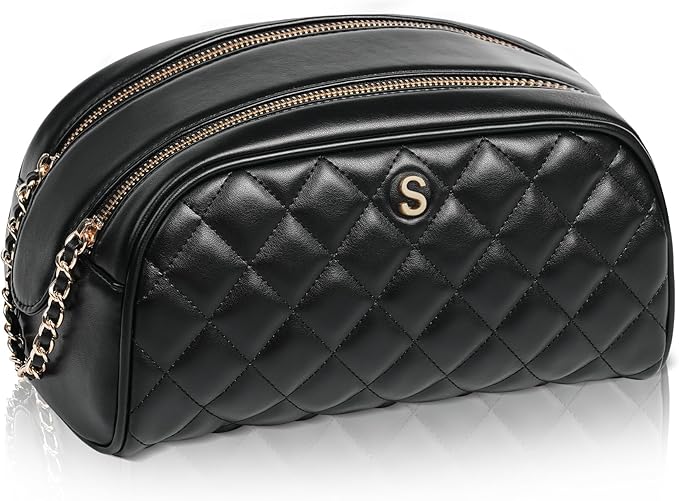 COSHAYSOO Unique Religious Gifts for Christian Women Sisterhood Baptism Confirmation Hanukkah Gift Ideas, Travel Initial Quilted Makeup Bag Large Leather Monogrammed Cosmetic Bags Black Letter S