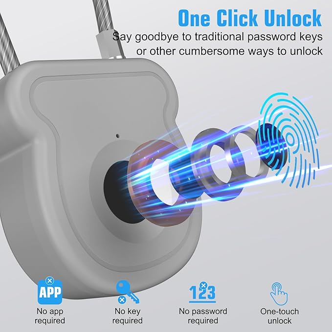 Smart Fingerprint Padlock for Luggage - 20 User Capacity, USB Key & Emergency Code, Keyless Biometric Lock for Gym Locker, Suitcase, Backpack, Toolbox & Handbag (Grey)