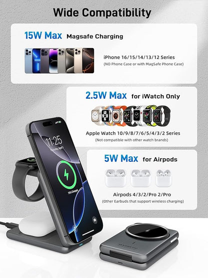Wireless Charger for Apple, 3 in 1 MagSafe Charger Foldable Magnetic Charger for iPhone 17/16/15/14 Series, Airpods Pro 2, iWatch Series 10/9/8/7, Travel Charging Station for Apple Multiple Devices