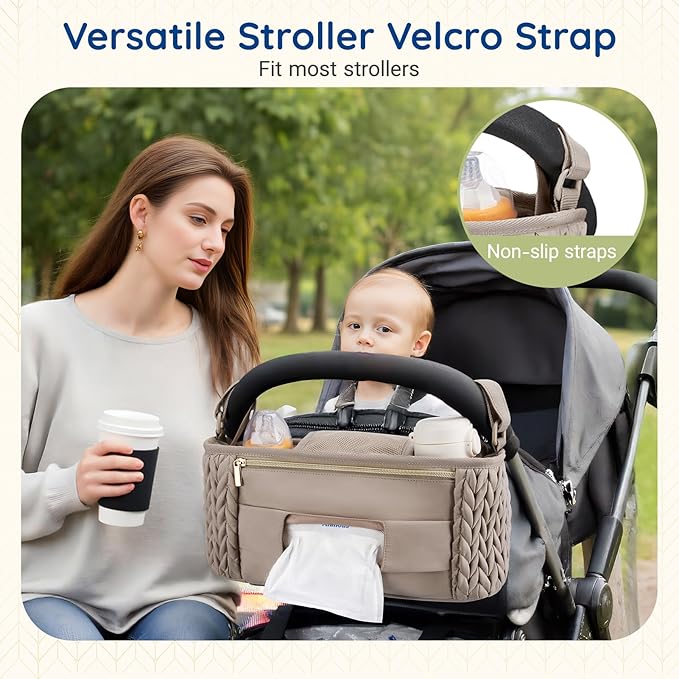 mommore Stroller Organizer with Insulated Cup Holders, Adjustable Stroller Caddy with Detachable Phone Bag, Stroller Accessories Fits for Uppababy, Doona, Jogger, Britax(Light Cafe)