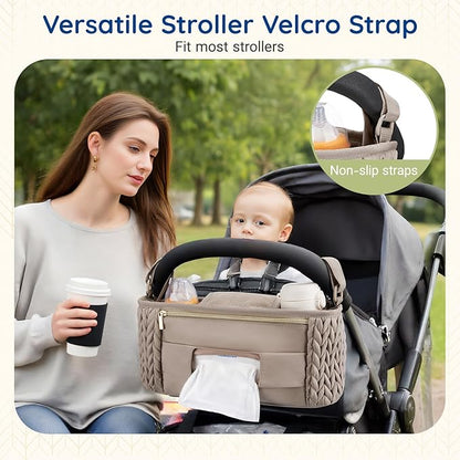 mommore Stroller Organizer with Insulated Cup Holders, Adjustable Stroller Caddy with Detachable Phone Bag, Stroller Accessories Fits for Uppababy, Doona, Jogger, Britax(Light Cafe)