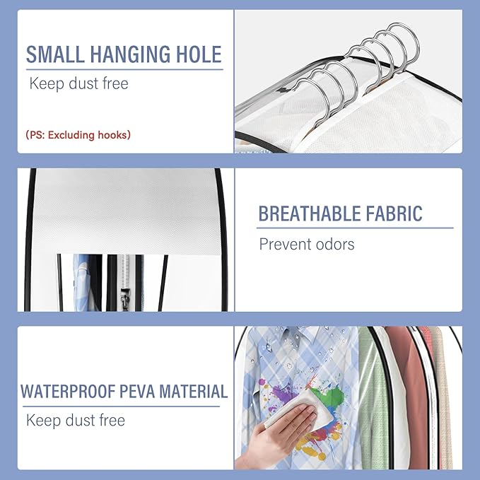 10" Gusseted All Clear Garment Bags - 4 Pack 60" Hanging Clothes Storage Bags for Suits, Coats, Dresses, Shirts - Side Zipper, Breathable Fabric, Dustproof, Waterproof PEVA Material (60 inch)