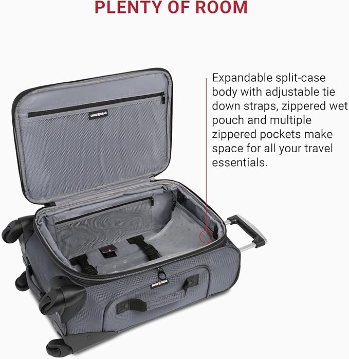 SwissGear Sion Softside Expandable Luggage – Carry-On Suitcase with 360 Degree Wheels & Retractable Handle – 21 Inch, Perfect for 1-3 Night Trips – Dark Gray