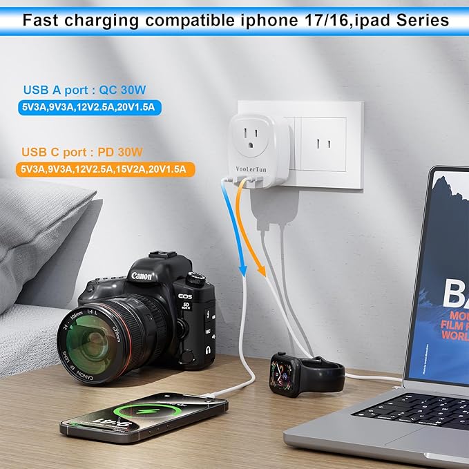 Type A Plug Adapter, VooLerTun Canada Japanese Travel Adapter with 30W Fast Charge Dual Ports (1 USB C) Compatible Cell Phone Camera, 1 American Outlet Adapter, US Converter for Japan Travel