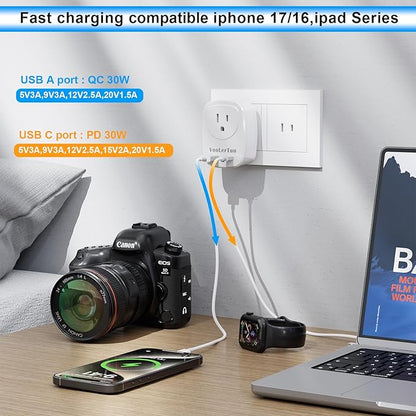 Type A Plug Adapter, VooLerTun Canada Japanese Travel Adapter with 30W Fast Charge Dual Ports (1 USB C) Compatible Cell Phone Camera, 1 American Outlet Adapter, US Converter for Japan Travel