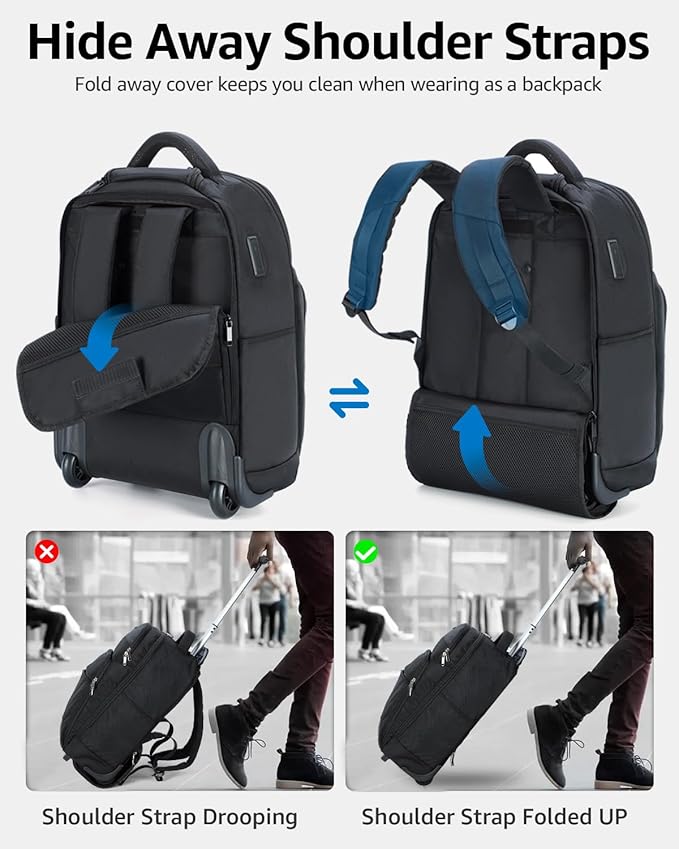 Rolling Backpack, 30L Travel Laptop Backpack with Wheels, 15.6 Inch Roller Carry on Luggage with USB Charging Port, Flight Approved Personal Item Wheeled Suitcase for Men Women Adults, Black