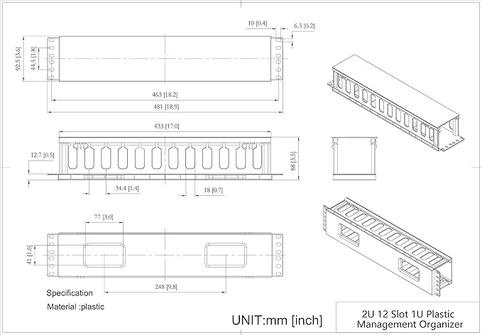 2 Pack 2U 12 Slots Horizontal Rack Mount Cable Management Organizer Plastic 19" Rack Mount (2UPCM2PC)