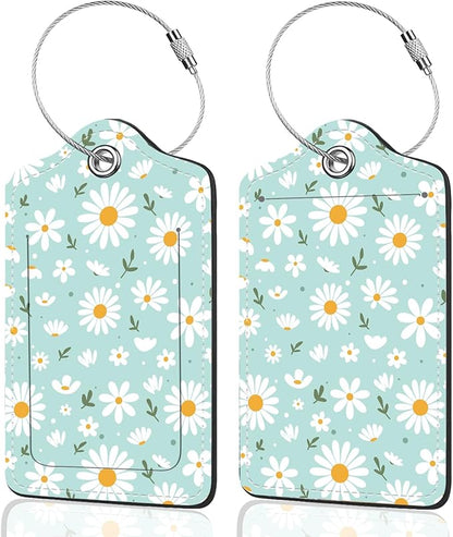 2Pack Luggage Tags for Suitcases, Cute Unique Pu Leather Cruise Luggage Tag with Privacy Cover ID Label Address Card and Metal Ring Suitable for Women Men Kids Travel Bag Little White Daisies