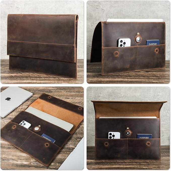 Top Grain Leather 14.2" Slim Laptop Sleeve Bag, Magnet Clasp Closure Design & 3 Pockets & AirTag Holder, Fully Handmade, Fits MacBook Pro/Air 14.2"/13.3"/Cellphone/Passport, Coffee 14.2 Inch