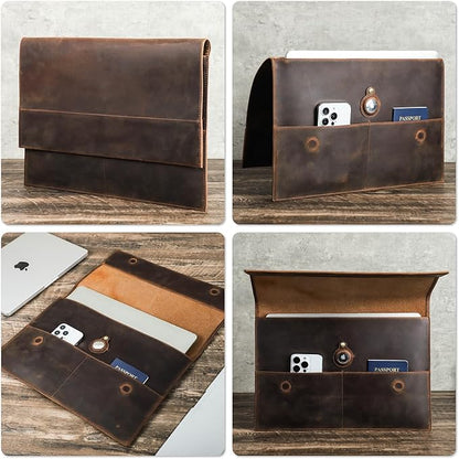 Top Grain Leather 14.2" Slim Laptop Sleeve Bag, Magnet Clasp Closure Design & 3 Pockets & AirTag Holder, Fully Handmade, Fits MacBook Pro/Air 14.2"/13.3"/Cellphone/Passport, Coffee 14.2 Inch