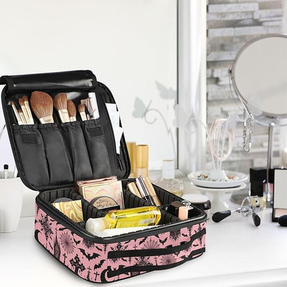 MNSRUU Travel Makeup Bag, Black Gothic Moon Spider Webs and Bats Women Makeup Case Organizer Cosmetic Toiletry Bag for Teenage Girl with Adjustable Dividers