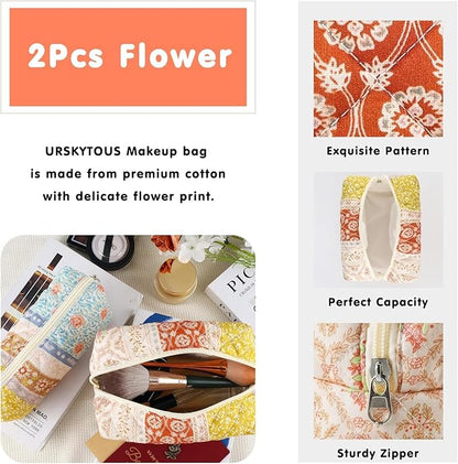 2Pcs Floral Makeup Bag for Women Cotton Quilted Coquette Cosmetic Bag Cute Zipper Mixed Flower Makeup Pouch Aesthetic Portable Pencil Pouch Travel Toiletry Bag Trendy Cloth Skincare Bag