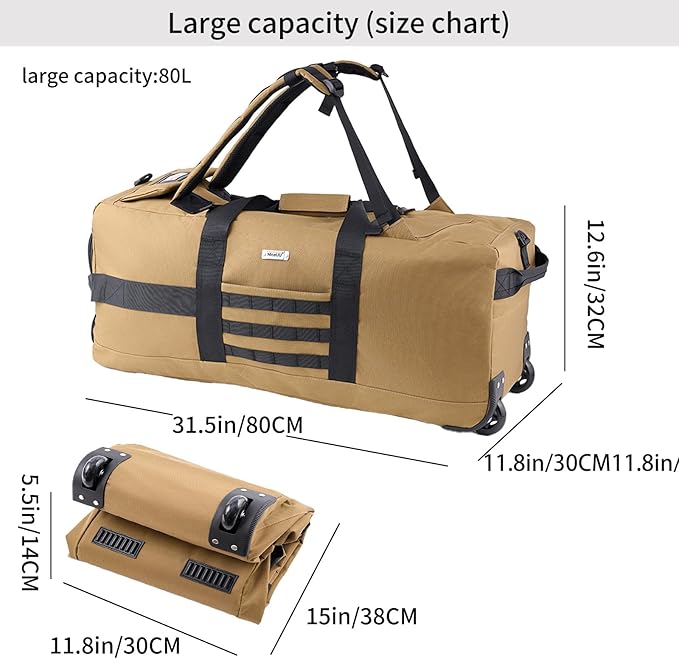 80L Waterproof Rolling Duffel Bag with Wheels,Rolling Garment Bag,Military Tactical Wheeled Foldable Backpack For Deployment Traveling Camping Sporting (Khaki)