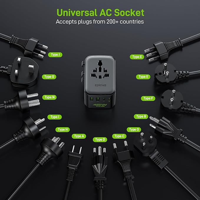 Epicka Pulse Duo 45W International Power Adapter, Universal Travel Adapter with 6-Port (2 AC/2 USB-A/2 USB-C), European Travel Plug Adapter with PD & QC 3.0 Fast Charging, Travel Essentials (Black)