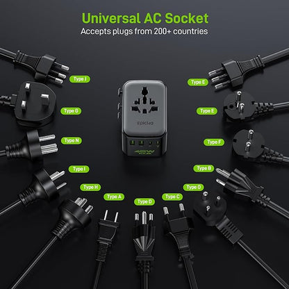 Epicka Pulse Duo 45W International Power Adapter, Universal Travel Adapter with 6-Port (2 AC/2 USB-A/2 USB-C), European Travel Plug Adapter with PD & QC 3.0 Fast Charging, Travel Essentials (Black)