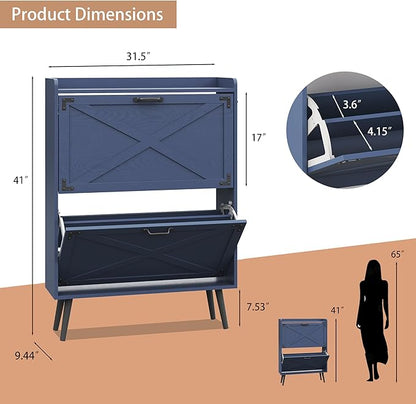 Shoe Storage Cabinet with 2 Flip Drawers, Farmhouse Freestanding Shoe Rack Organizer for Entryway, Narrow Hidden Slim Shoe Cabinet for Foyer,Hallway,Blue