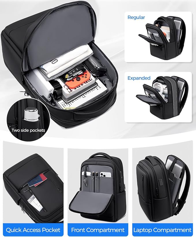 Expandable Travel Laptop Backpack, 15.6 Inch Computer Backpack with USB Charging Port, Water Resistant Black Mens Laptop Bag