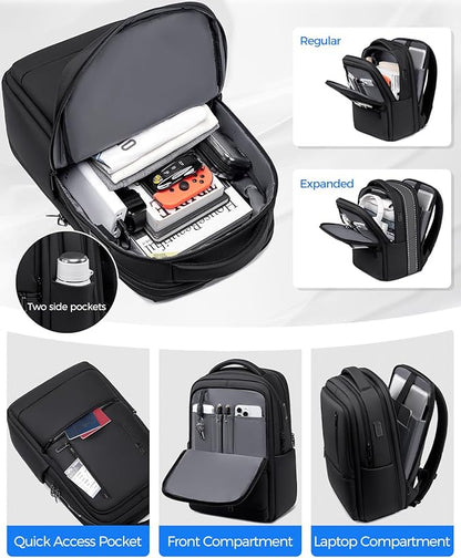 Expandable Travel Laptop Backpack, 15.6 Inch Computer Backpack with USB Charging Port, Water Resistant Black Mens Laptop Bag
