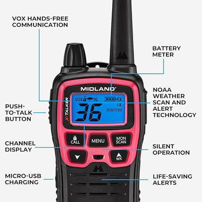 Midland® T71PNK X-TALKER FRS Walkie Talkies with NOAA Weather Scan & Alert – Long Range Two-Way Radios – 36 Channels, 121 Privacy Codes – for Camping, Overlanding, Rock Crawling – Black/Pink, 2 Pack