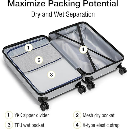 KYME Luggage Sets 2 Piece Suitcase Set Hardshell 20 inch/24 inch Luggage with Spinner Wheels Hardside PC+ABS Checked Large Suitcase with TSA Lock for Men Women Silver Grey