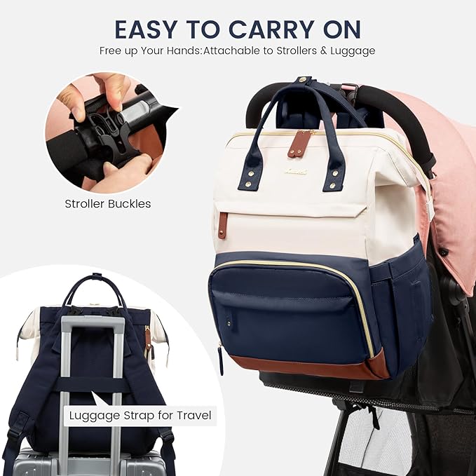 LOVEVOOK Diaper Bag Backpack, Baby Bag with Changing Station, Large Diaper Backpack for Mom Dads, Waterproof Leather Mommy Bag for Boy and Girl, Travel Essential Baby Shower, Navy Blue-Beige