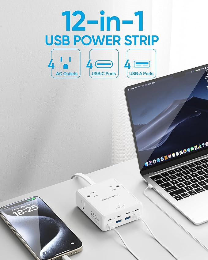 230W USB Power Strip, Ultra Thin Flat Plug Extension Cord 5FT, 4 AC Outlets 8 USB Ports(4 USB-C&4 USB A), 2000J Surge Protector, Home Office Dorm Travel Essentials