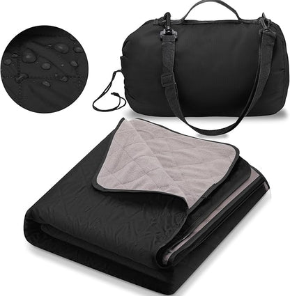 Tranqun 1 Large Outdoor Blanket 78'' x 55'' Quilted Windproof Waterproof Fleece Sandproof Stadium Foldable Warm Blanket for Camping Picnic Sporting Events Cold Weather (Black)