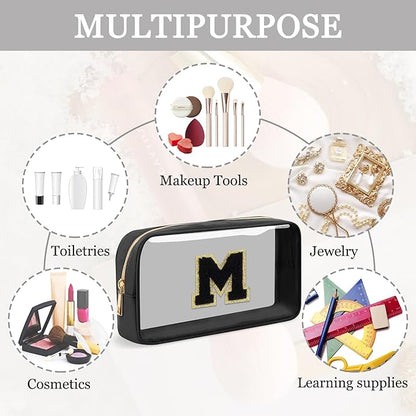 Small Clear Personalized Initial Makeup Bag,Nylon Preppy A-Z Chenille Letter Patch Cosmetic Pouch Beach Toiletry Bag,Waterproof Zipper Travel Purse Storage Bag Organizer for Women Girls(Black-Black M)