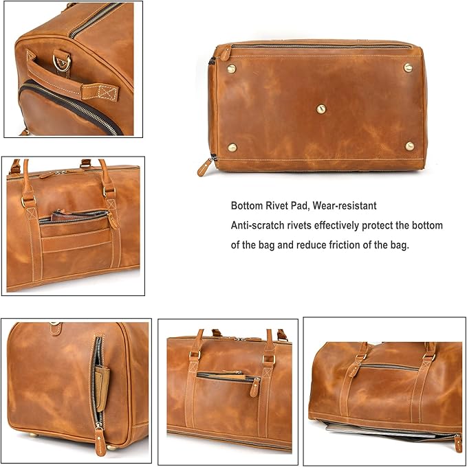 Full-grain Leather Travel Bag Large Capacity Duffel Luggage Bag with Shoe Compartment, Men Weekend Overnight Bag for Business Holiday Trip, Light Brown