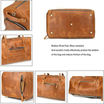 Full-grain Leather Travel Bag Large Capacity Duffel Luggage Bag with Shoe Compartment, Men Weekend Overnight Bag for Business Holiday Trip, Light Brown