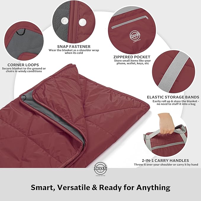 STOVER Large Waterproof Outdoor Stadium Blanket- Extra Thick Soft Fleece Camping Blanket for Travel, Picnics, Sports, Dogs 79"x55", Warm, Windproof, Sand-Proof, Lightweight, Packable (Varsity Crimson)