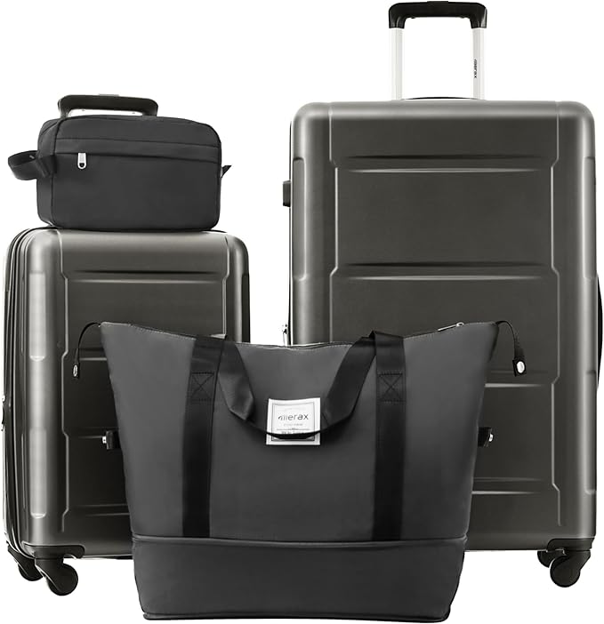 Merax Luggage Sets 4 Piece Suitcase Set, Expandable Hardside 20 IN & 28 IN Suitcase Set with Duffel Bag, Lightweight Travel Luggage with Spinner Wheels and TSA Lock(Black)