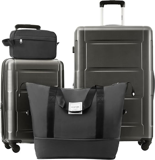 Merax Luggage Sets 4 Piece Suitcase Set, Expandable Hardside 20 IN & 28 IN Suitcase Set with Duffel Bag, Lightweight Travel Luggage with Spinner Wheels and TSA Lock(Black)