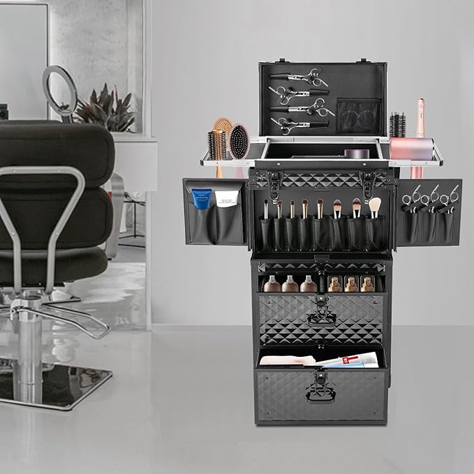 Beauty Luggage Rolling Lockable Makeup Train Case Stylist Cosmetic Luggage Travel Organizer with Hair Dryer Holder & Compartment