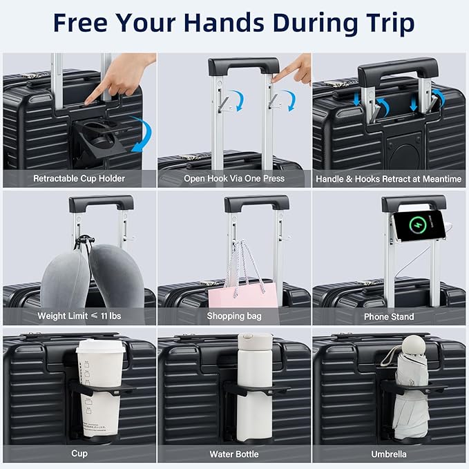 Hard Shell Suitcases Expandable Travel Luggage Sets 3 Piece, Carry on and Check in 3 Piece Luggage Suitcase Sets with Spinner Wheels Cup Holder Charger Built in (Black, 20/24/28)
