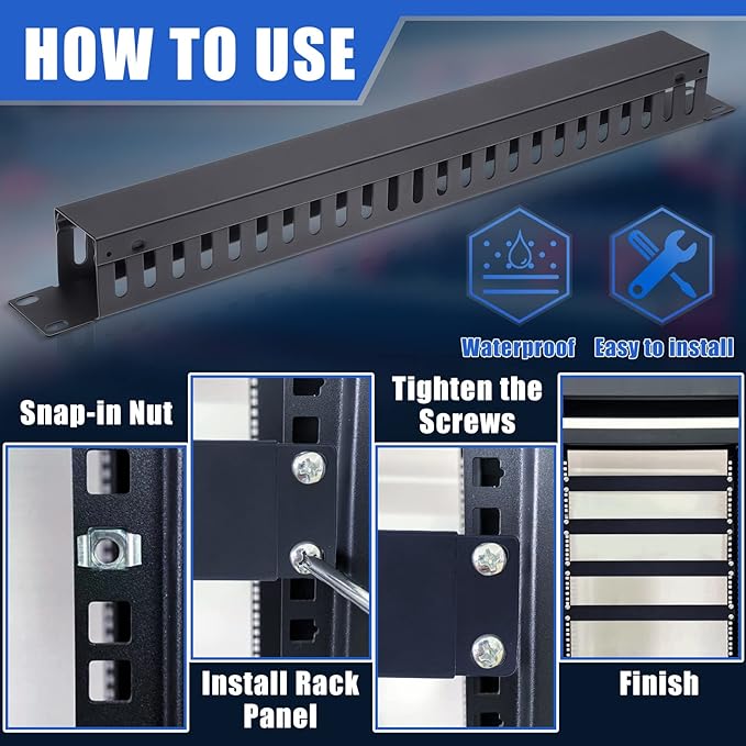 4 Pack 1U 19 Inch Cable Manager 24 Slot Horizontal Rack Mount Wire Management Server Rack Cable Management Metal Finger Duct Wire Organizer with Cover and Mounting Screws for Network Cabinet, Black