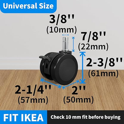 MySit Office Chair Wheels Casters 10x22mm with Brake Set of 5 Heavy Duty Mute PU Caster Replacement Easy Installation Compatible with IKEA for Hardwood Floors