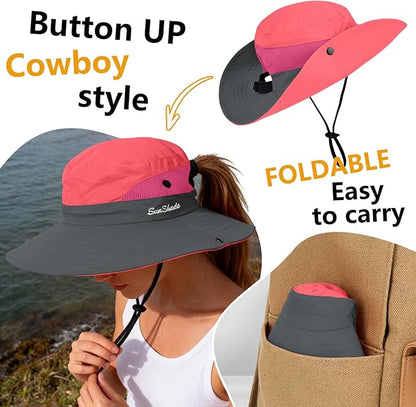 ZOORON Women's Ponytail Safari Sun Hat,Wide Brim UV Protection Outdoor Bucket Hat,Foldable Beach Summer Fishing Hat
