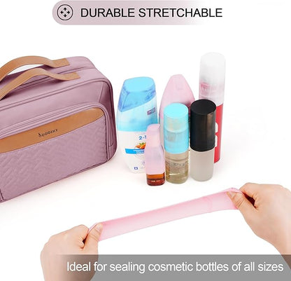 Travel Hanging Toiletry Bag for Women, Large Makeup Bag 8 Leak Proofing Silicone Bottle Covers, Waterproof Cosmetic Bag with Jewelry Organizer Compartment, Toiletries Kit Set, Purple