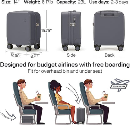 mixi 14 Inch Underseat Luggage Carry on Suitcase Free Boarding Personal Item Suitcases with Spinner Wheels Hardshell Lightweight PC for Short Travel, Rock Gray
