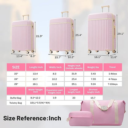 Merax Luggage Sets, Durable Hardshell 3 Piece Suitcase with Double Spinner Wheels and Handle Bags,Lightweight Carry on Luggage with TSA Lock,20+24+28 inches,Pink