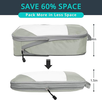 Compression Packing Cubes 6 Set, Compressible Space-Saving Packing Cubes for Travel - Compression Bags, Luggage Organizer, Travel Essentials for Women, Light Grey